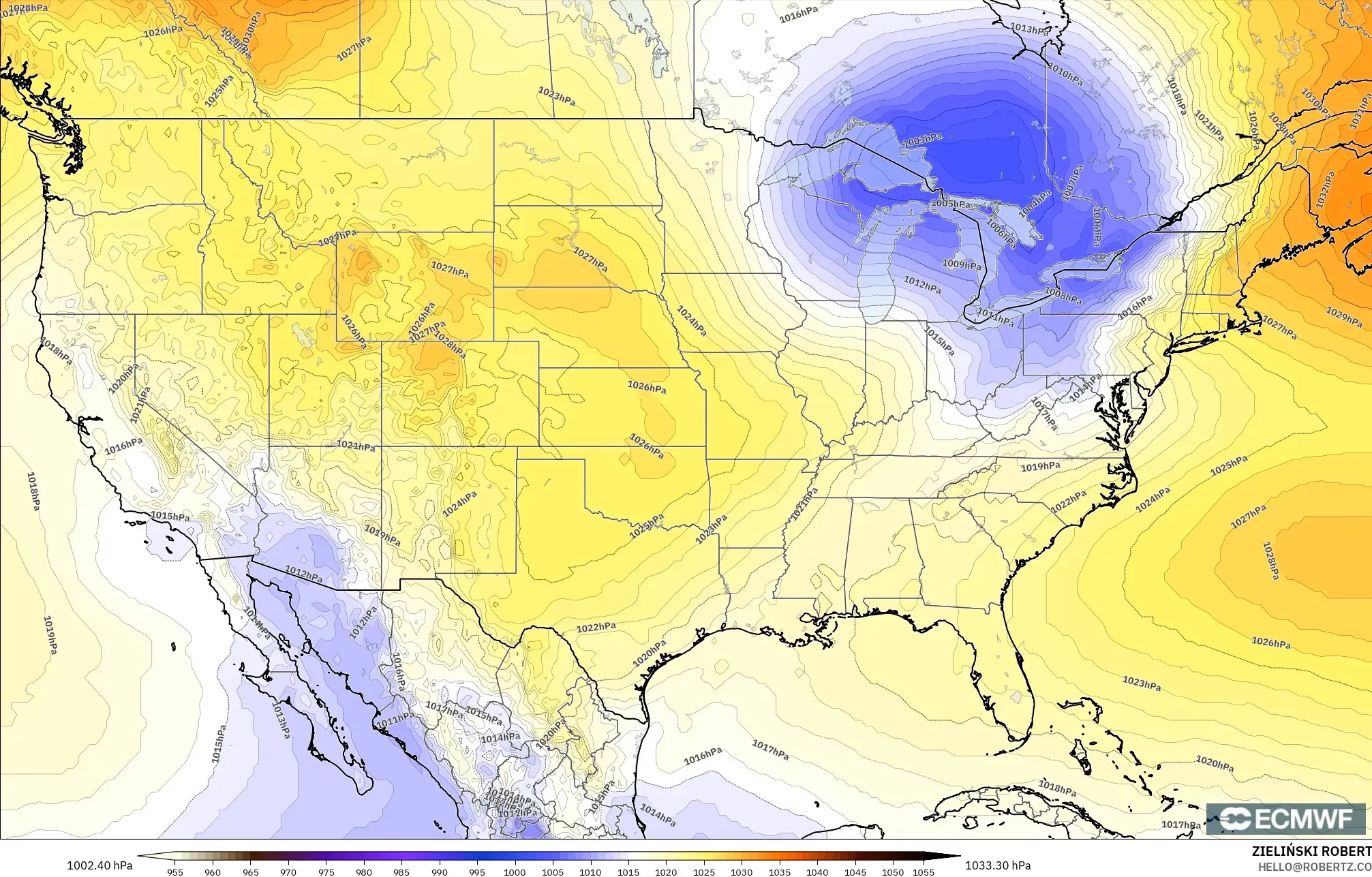 ECMWF IFS 0.25° modelo - Estados Unidos, Presión