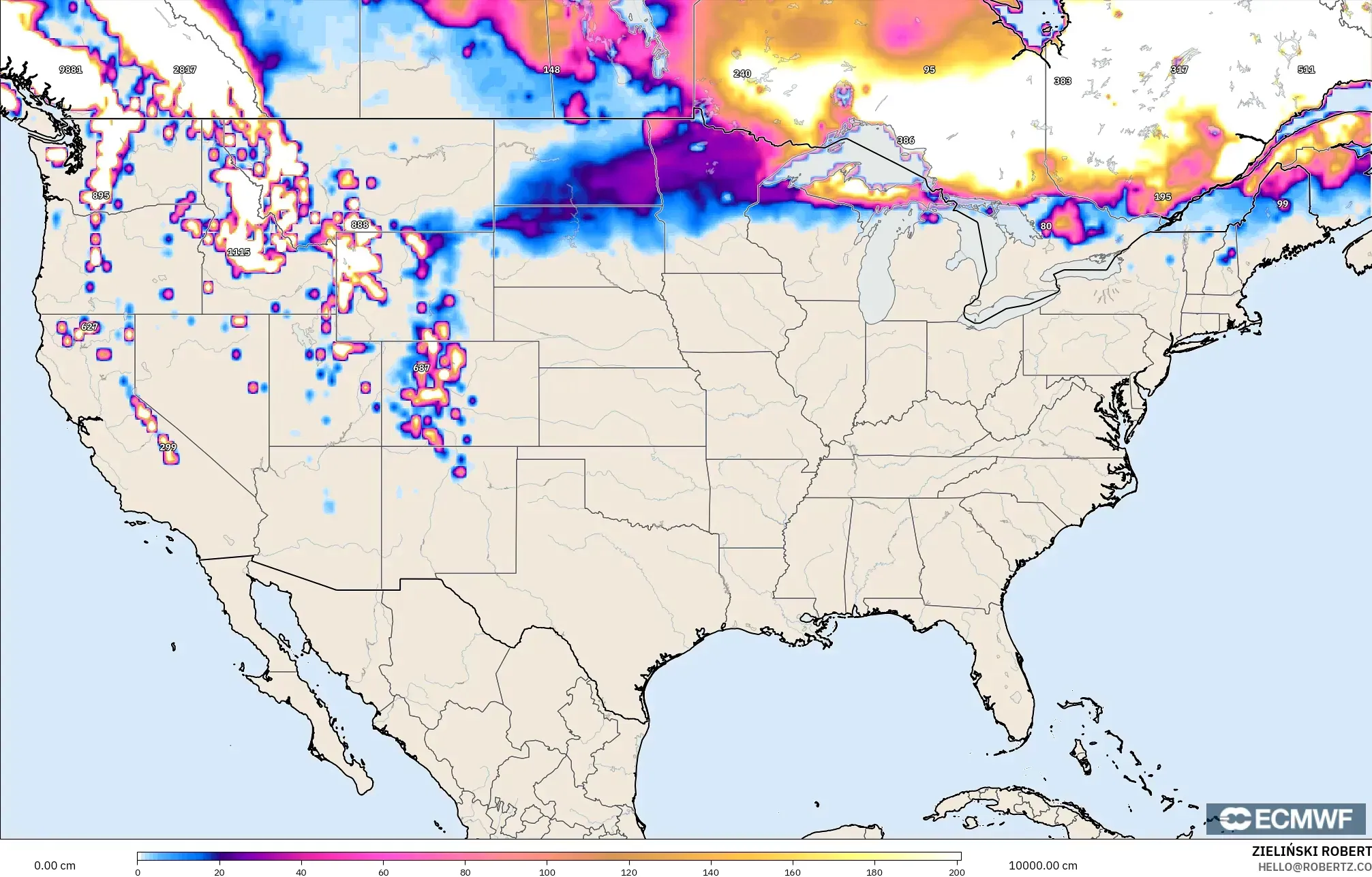 ECMWF IFS 0.25° modelo - Estados Unidos, Profundidad de nieve