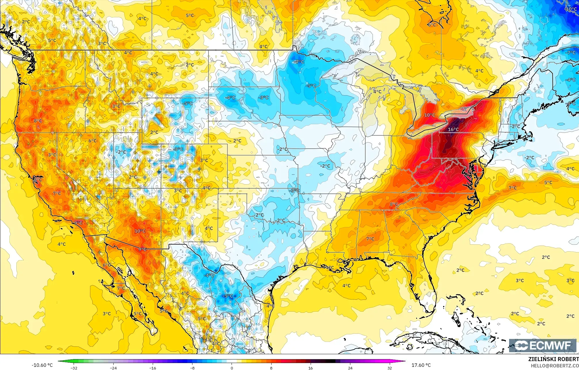ECMWF IFS 0.25° modelo - Estados Unidos, Anomalía de temperatura a 2 m