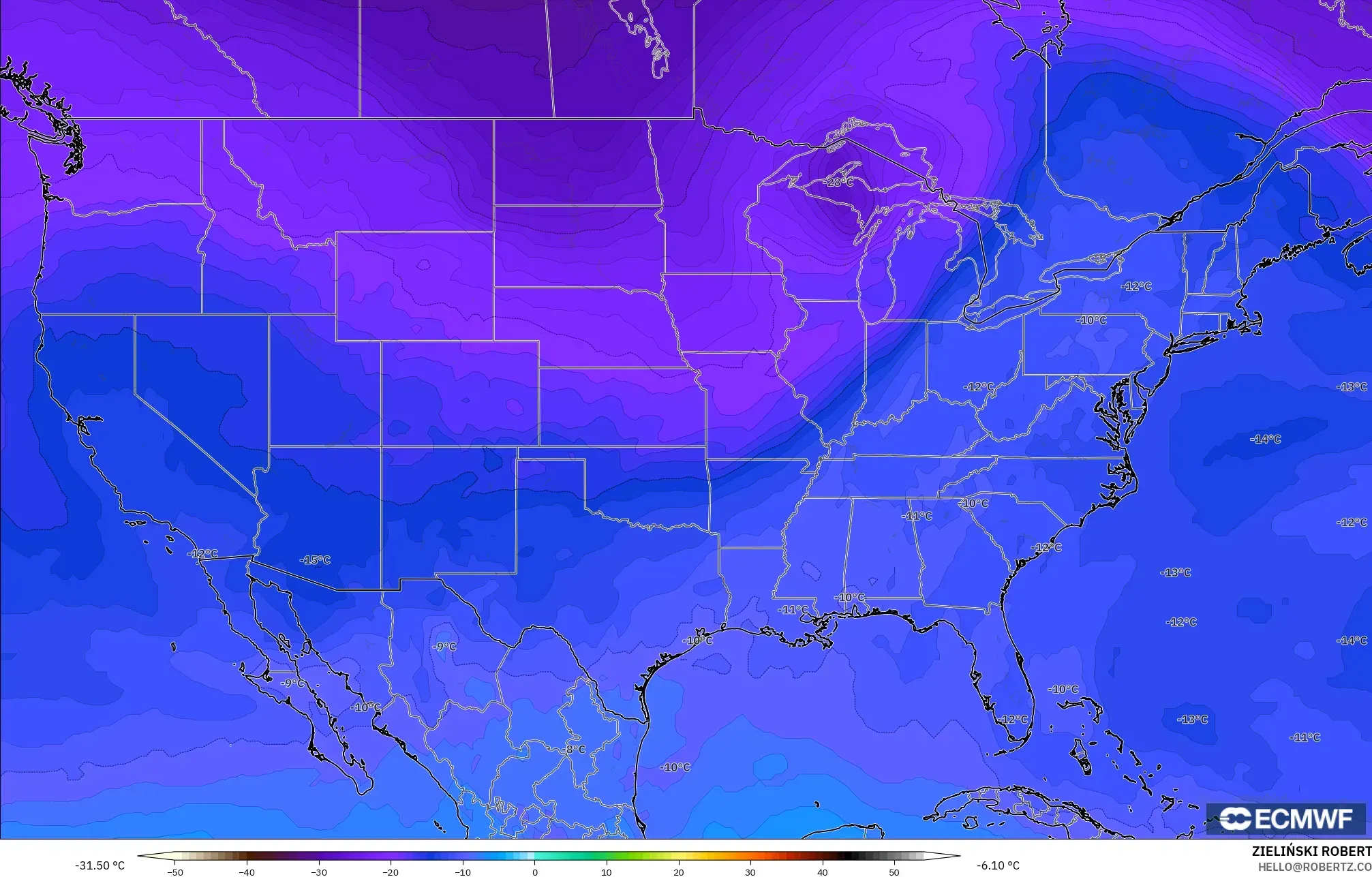 ECMWF IFS 0.25° modelo - Estados Unidos, Temperatura a 500 hPa