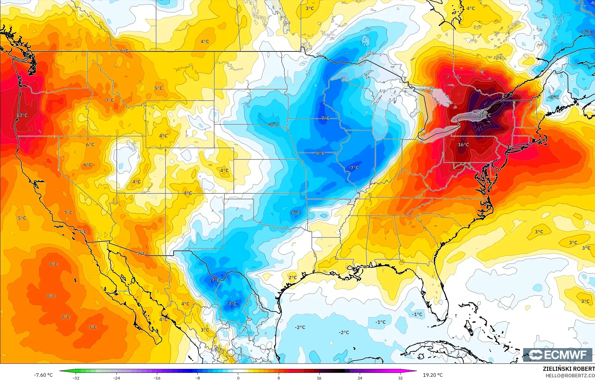 ECMWF IFS 0.25° modelo - Estados Unidos, Anomalía de temperatura a 850 hPa
