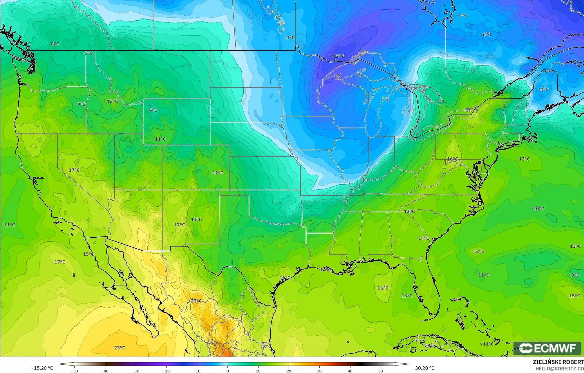 ECMWF IFS 0.25° modelo - Estados Unidos, Temperatura a 850 hPa