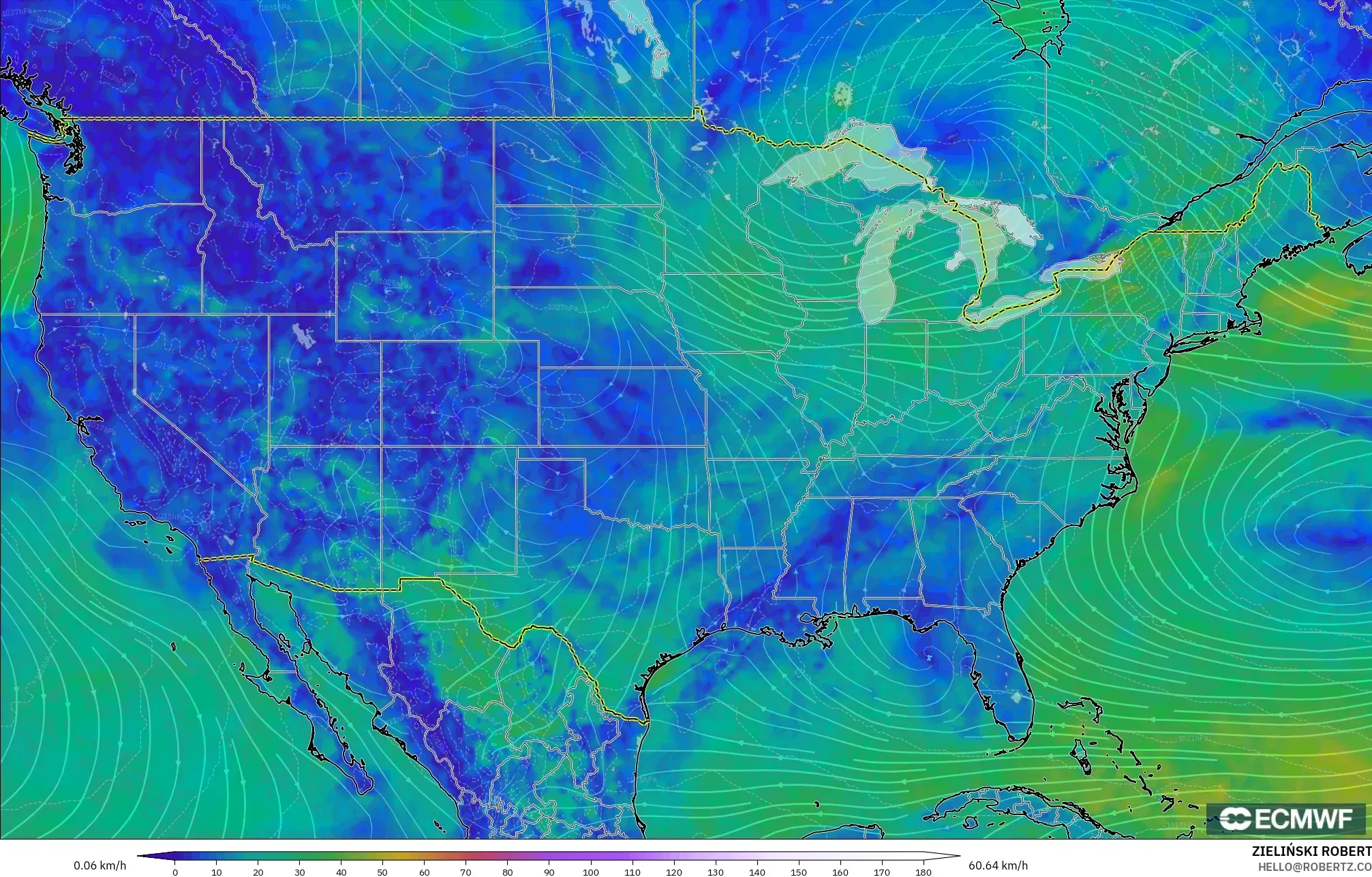 ECMWF IFS 0.25° modelo - Estados Unidos, Viento a 10 m