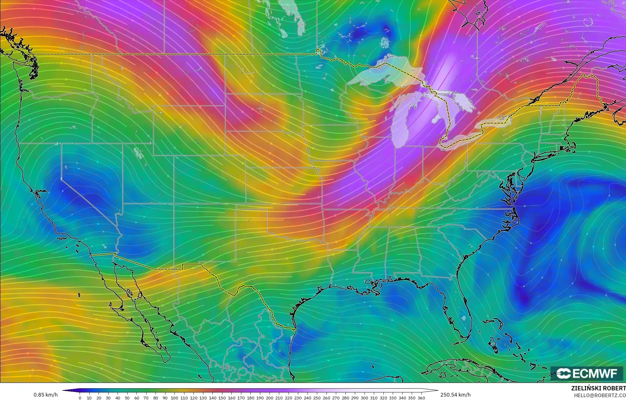 ECMWF IFS 0.25° modelo - Estados Unidos, Viento a 300 hPa (corriente en chorro)