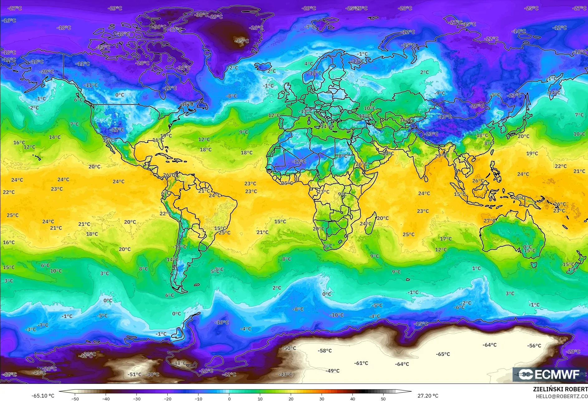 ECMWF IFS 0.25° modelo - Mundo, Punto de rocío a 2 m