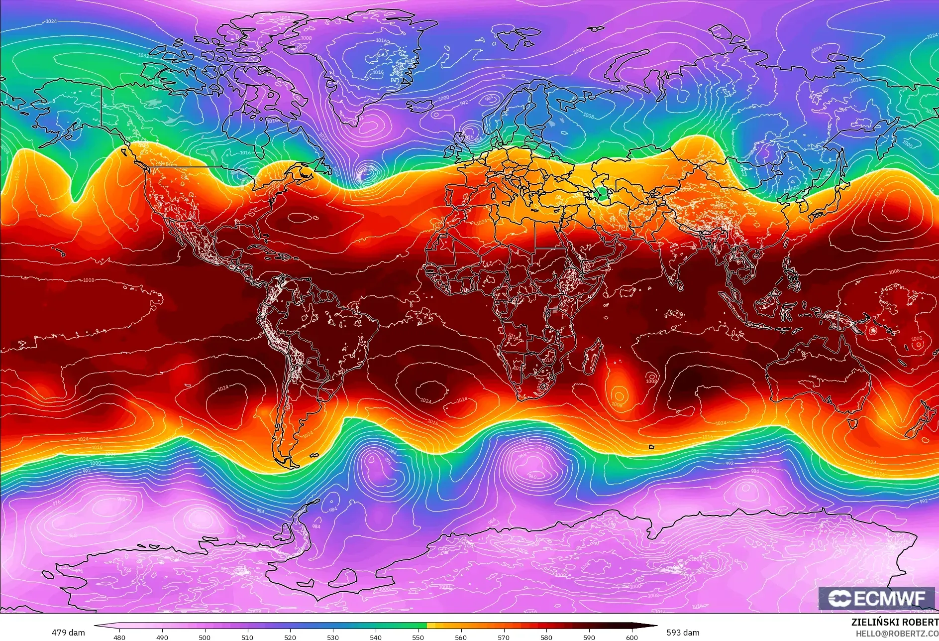 ECMWF IFS 0.25° modelo - Mundo, Altura geopotencial a 500 hPa