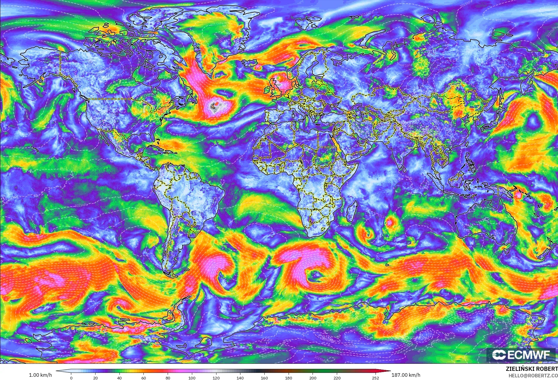 ECMWF IFS 0.25° modelo - Mundo, Ráfagas de viento