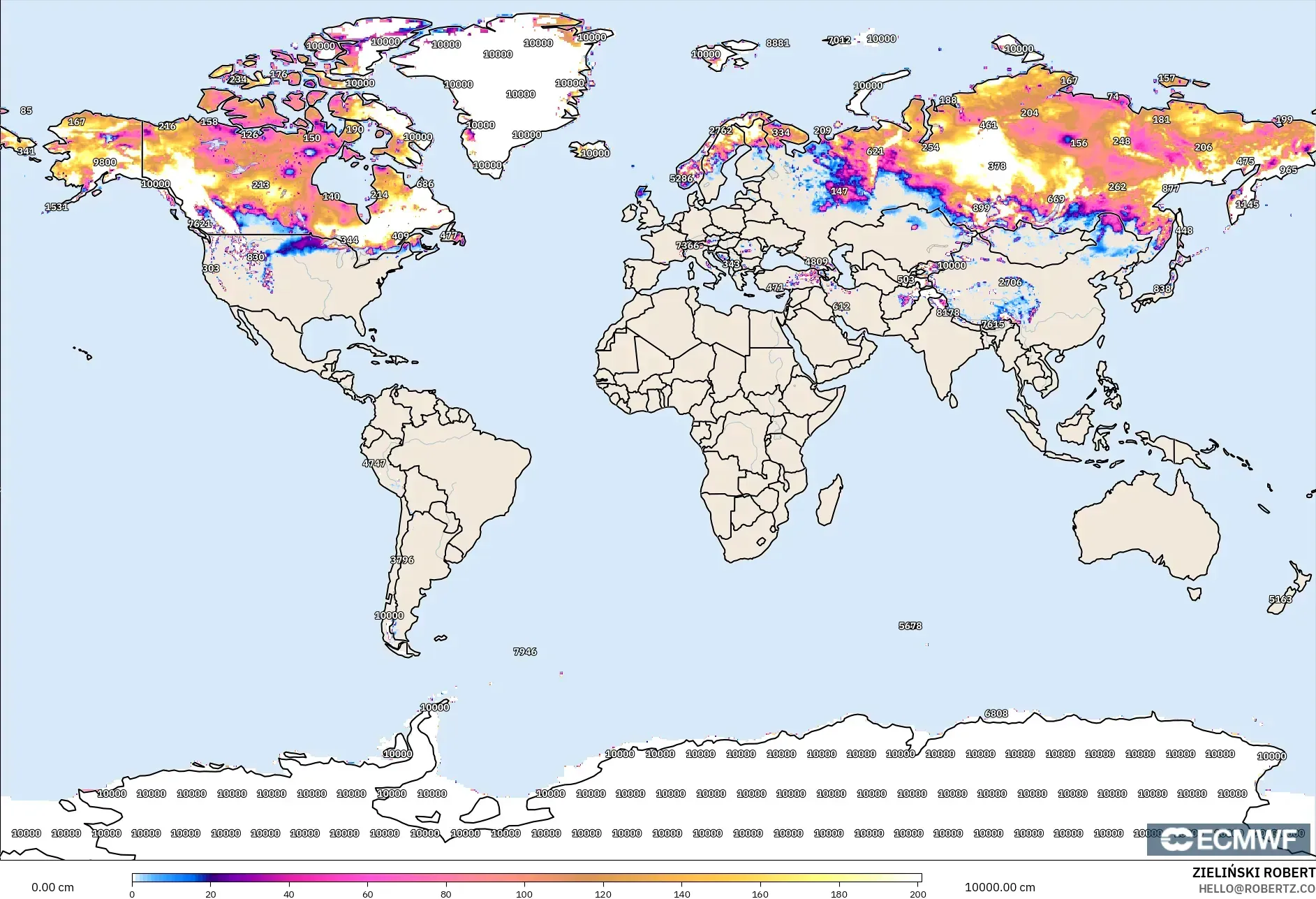 ECMWF IFS 0.25° modelo - Mundo, Profundidad de nieve