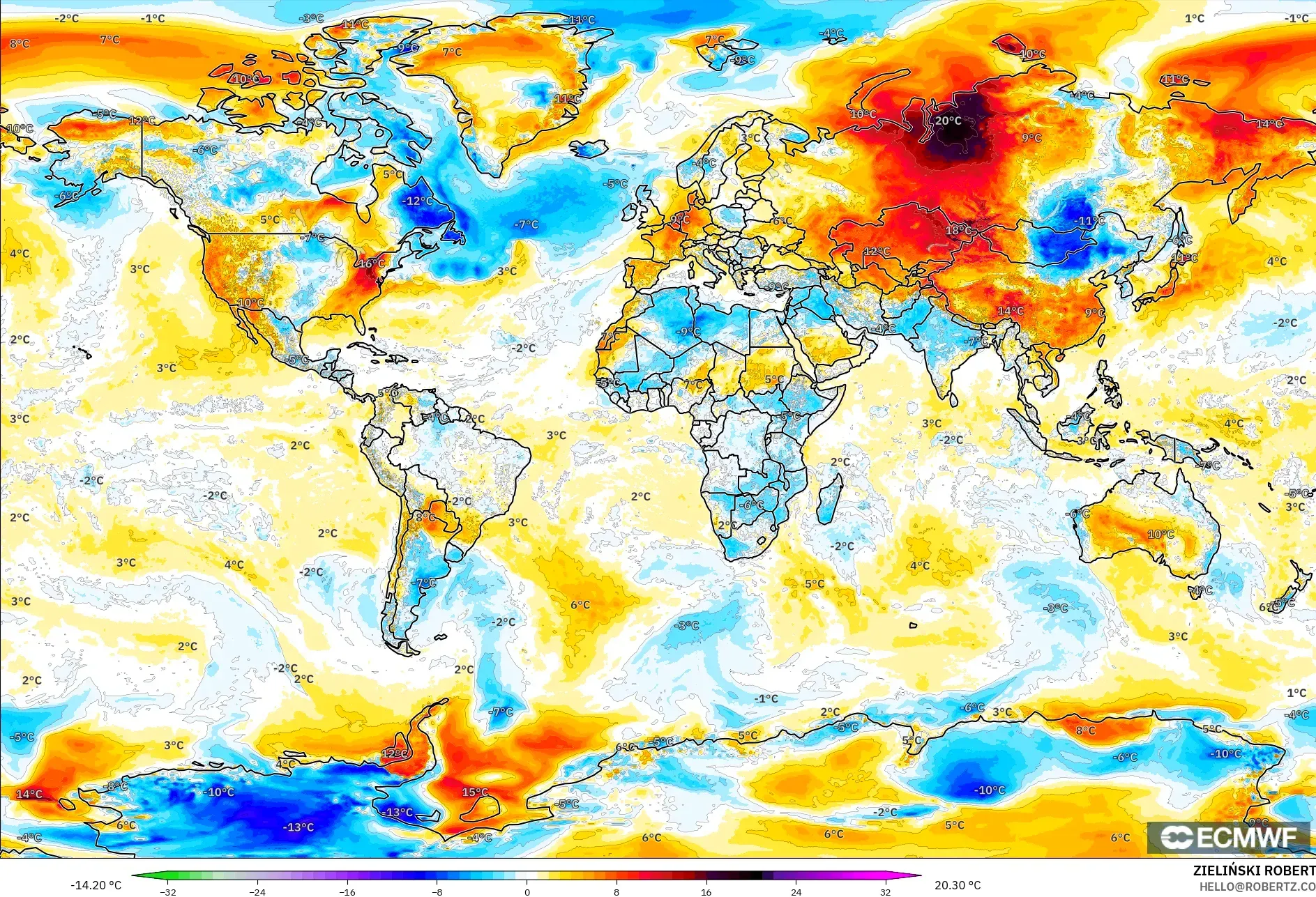 ECMWF IFS 0.25° modelo - Mundo, Anomalía de temperatura a 2 m