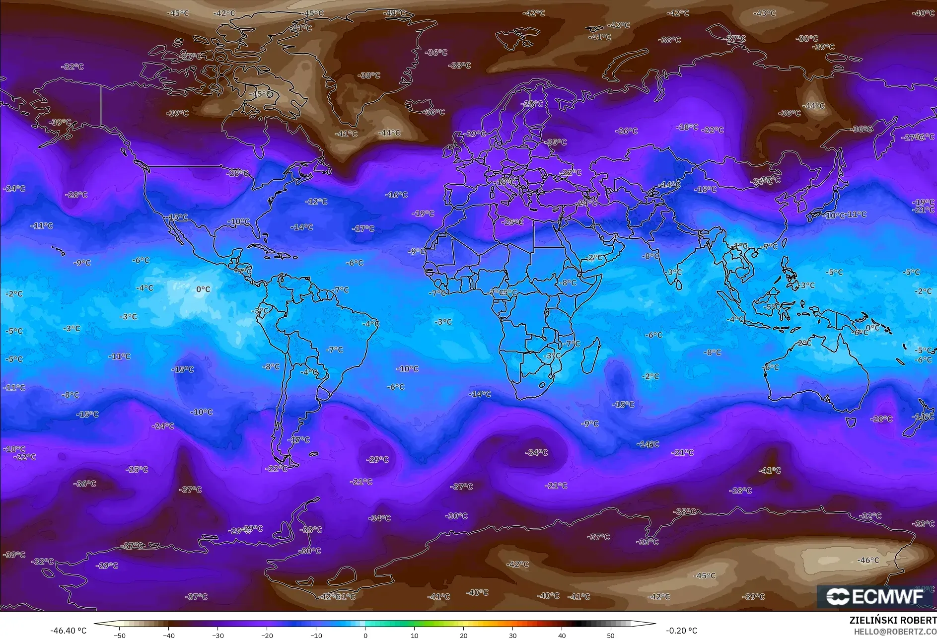 ECMWF IFS 0.25° modelo - Mundo, Temperatura a 500 hPa