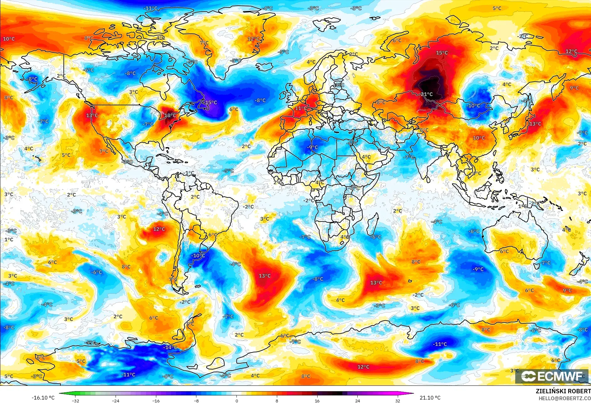 ECMWF IFS 0.25° modelo - Mundo, Anomalía de temperatura a 850 hPa