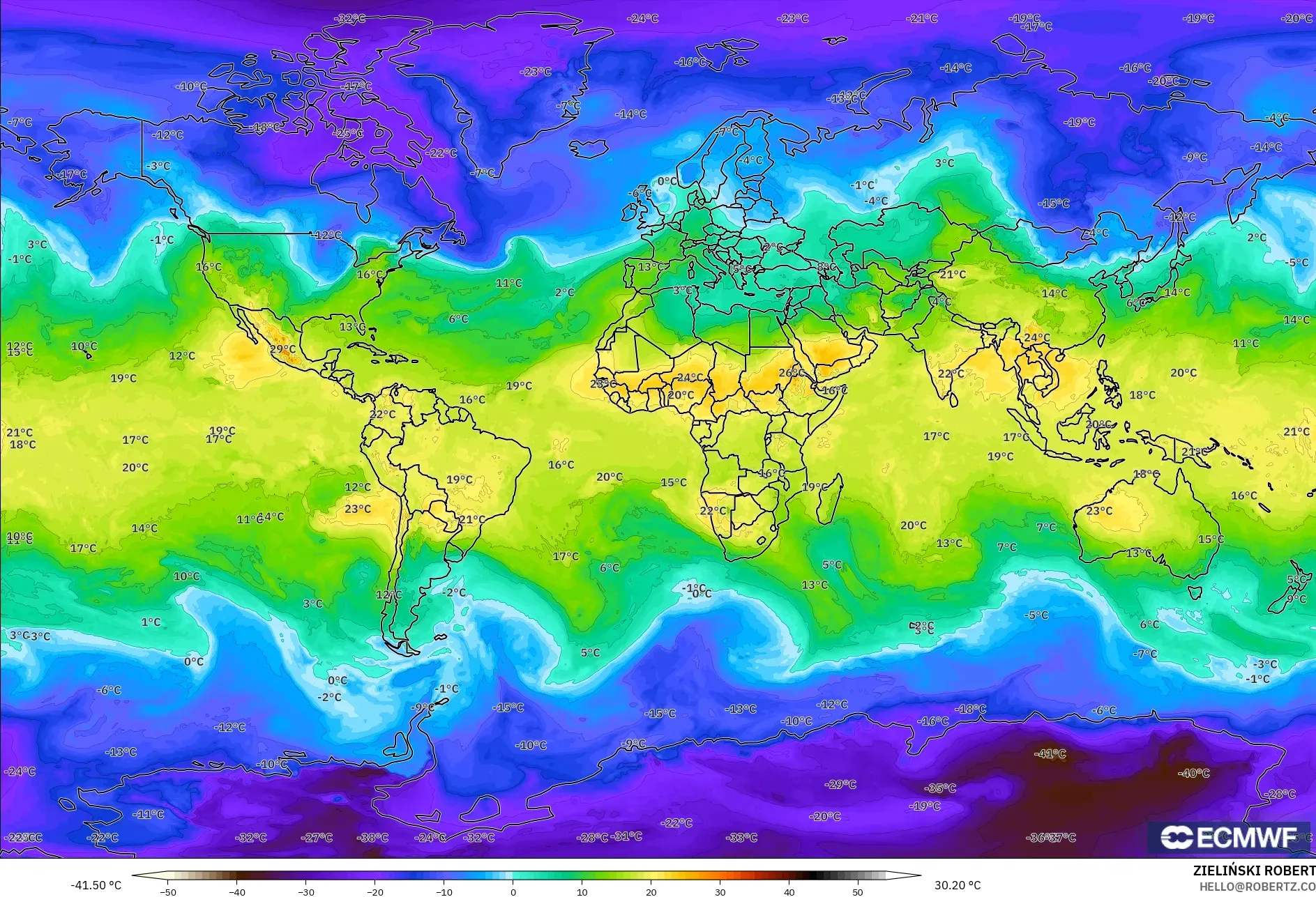 ECMWF IFS 0.25° modelo - Mundo, Temperatura a 850 hPa