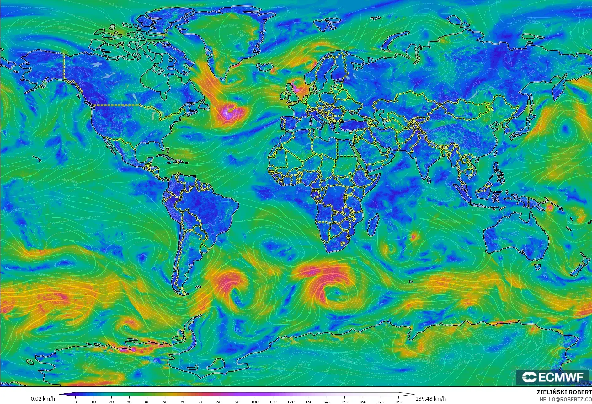 ECMWF IFS 0.25° modelo - Mundo, Viento a 10 m