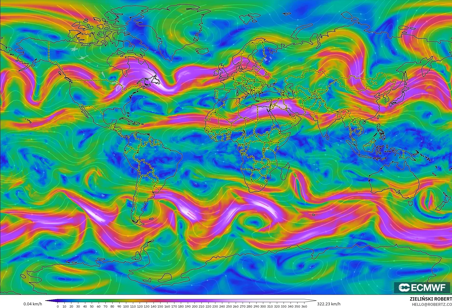 ECMWF IFS 0.25° modelo - Mundo, Viento a 300 hPa (corriente en chorro)