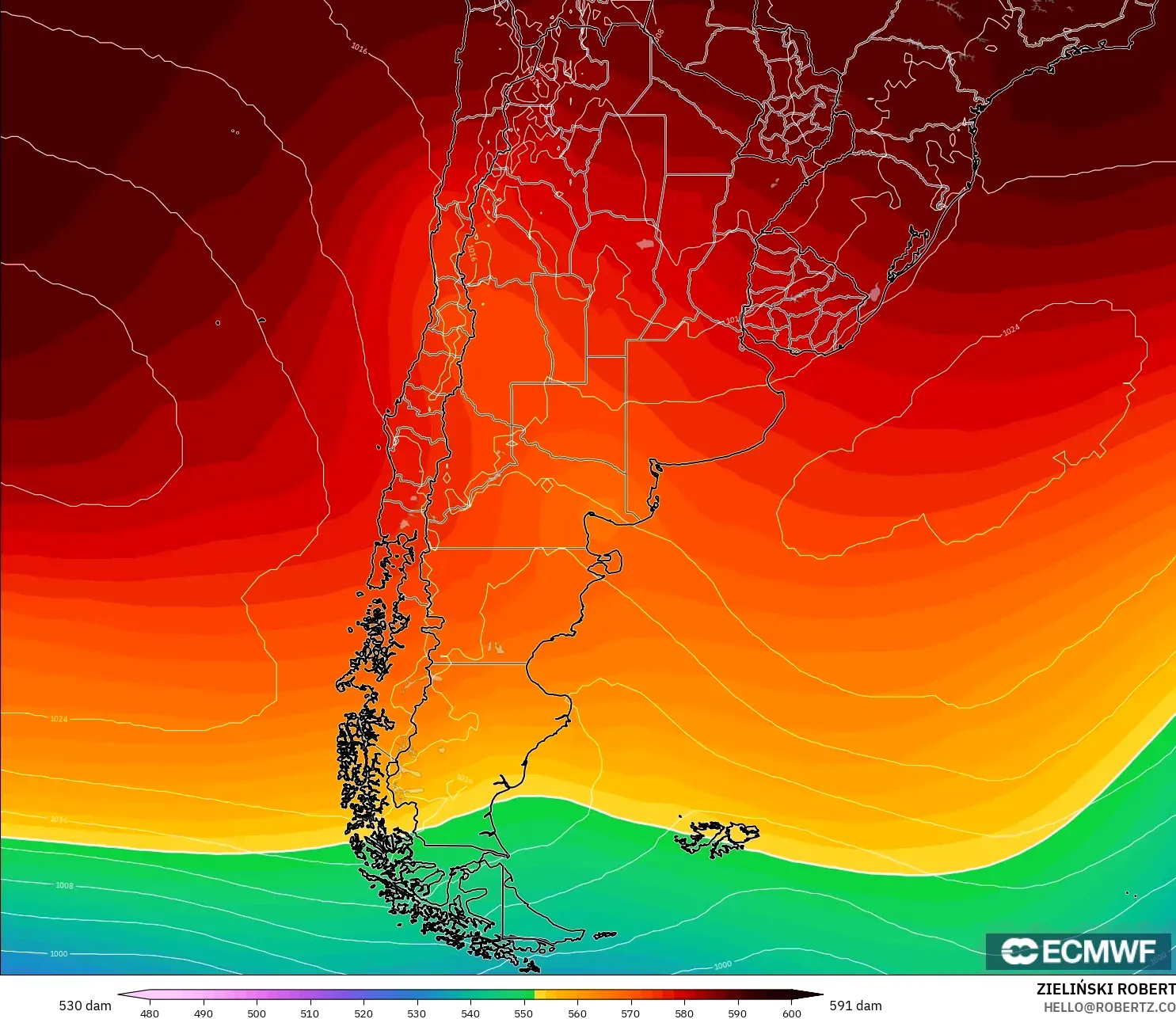 ECMWF IFS 0.25° modelo - Argentina, Altura geopotencial a 500 hPa