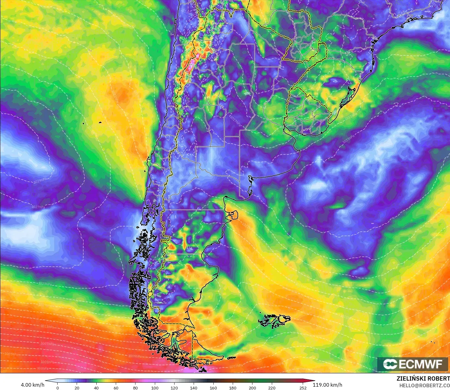 ECMWF IFS 0.25° modelo - Argentina, Ráfagas de viento