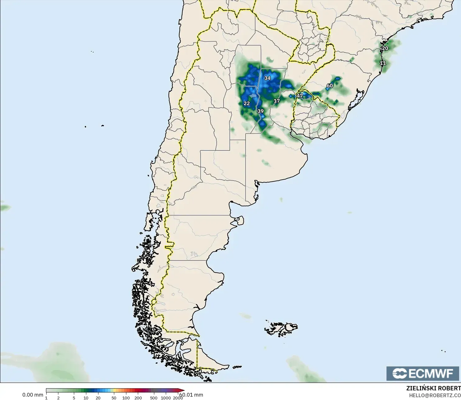 ECMWF IFS 0.25° modelo - Argentina, Acumulación de precipitación