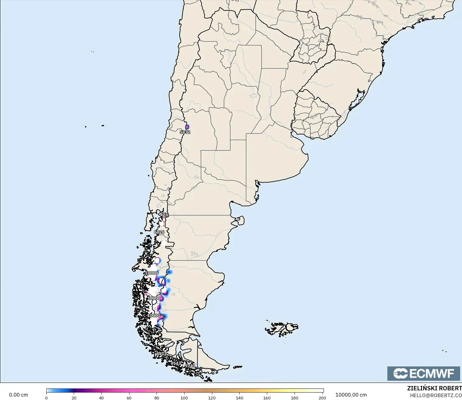 ECMWF IFS 0.25° modelo - Argentina, Profundidad de nieve