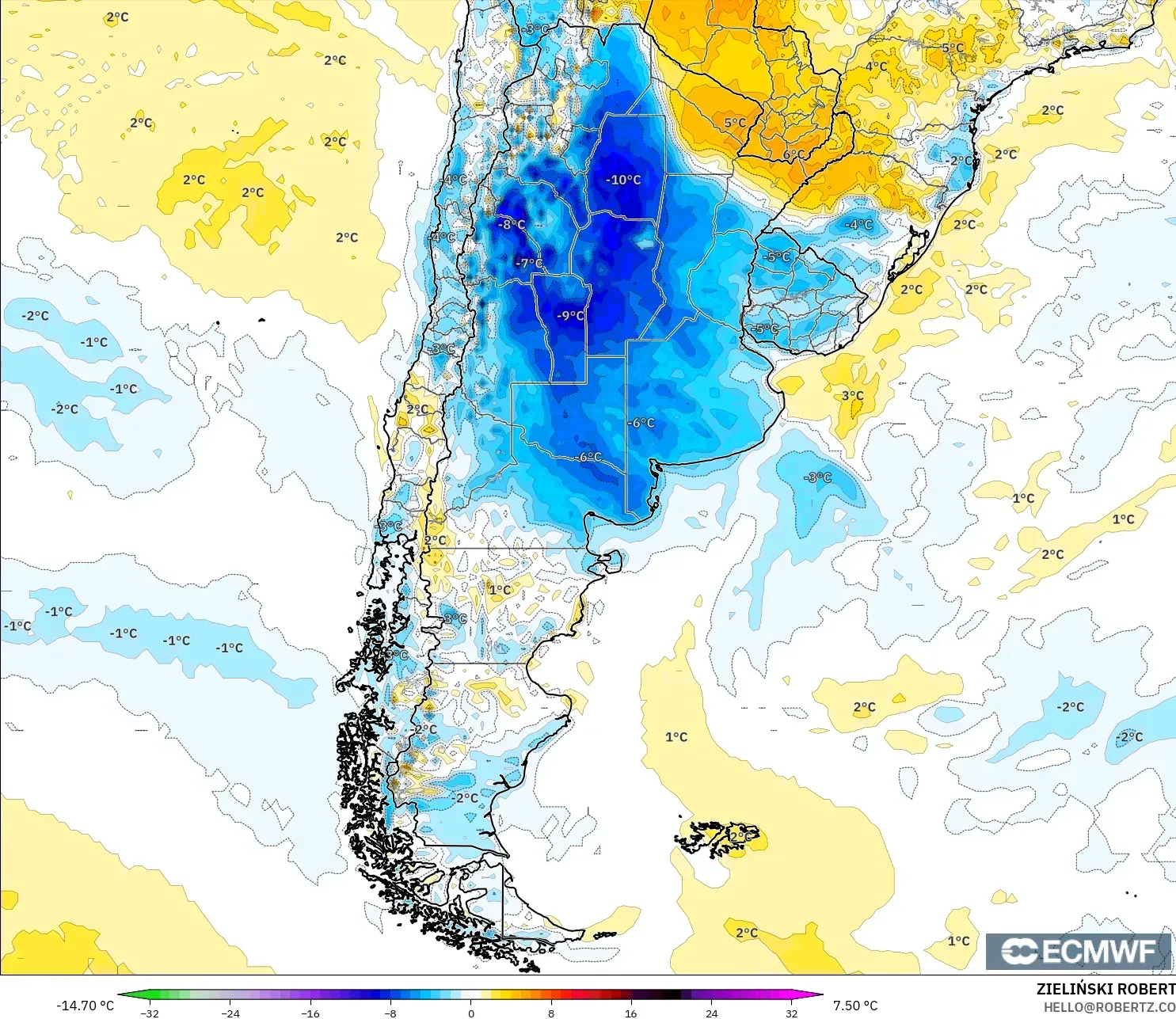 ECMWF IFS 0.25° modelo - Argentina, Anomalía de temperatura a 2 m