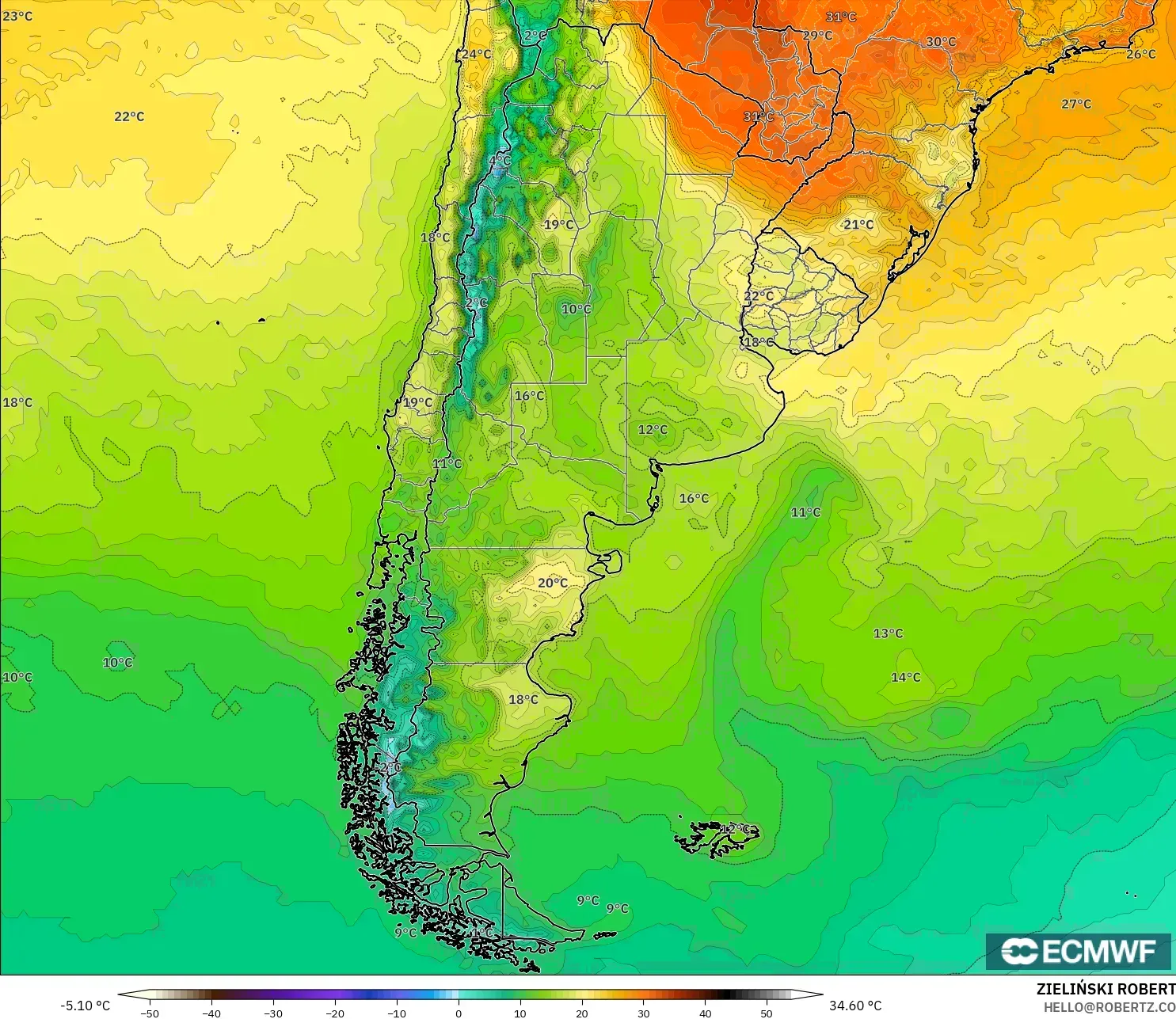 ECMWF IFS 0.25° modelo - Argentina, Temperatura a 2 m