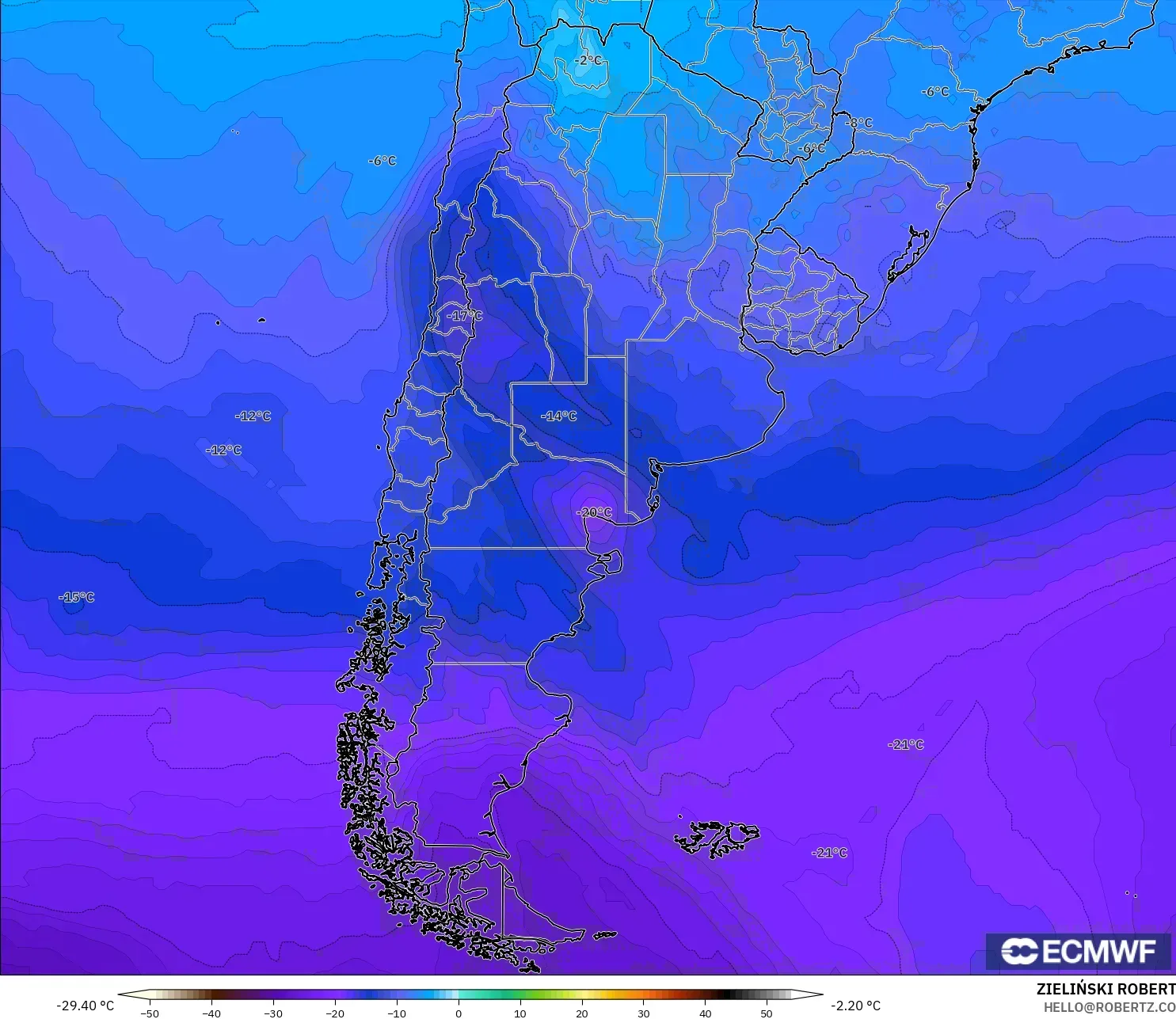 ECMWF IFS 0.25° modelo - Argentina, Temperatura a 500 hPa