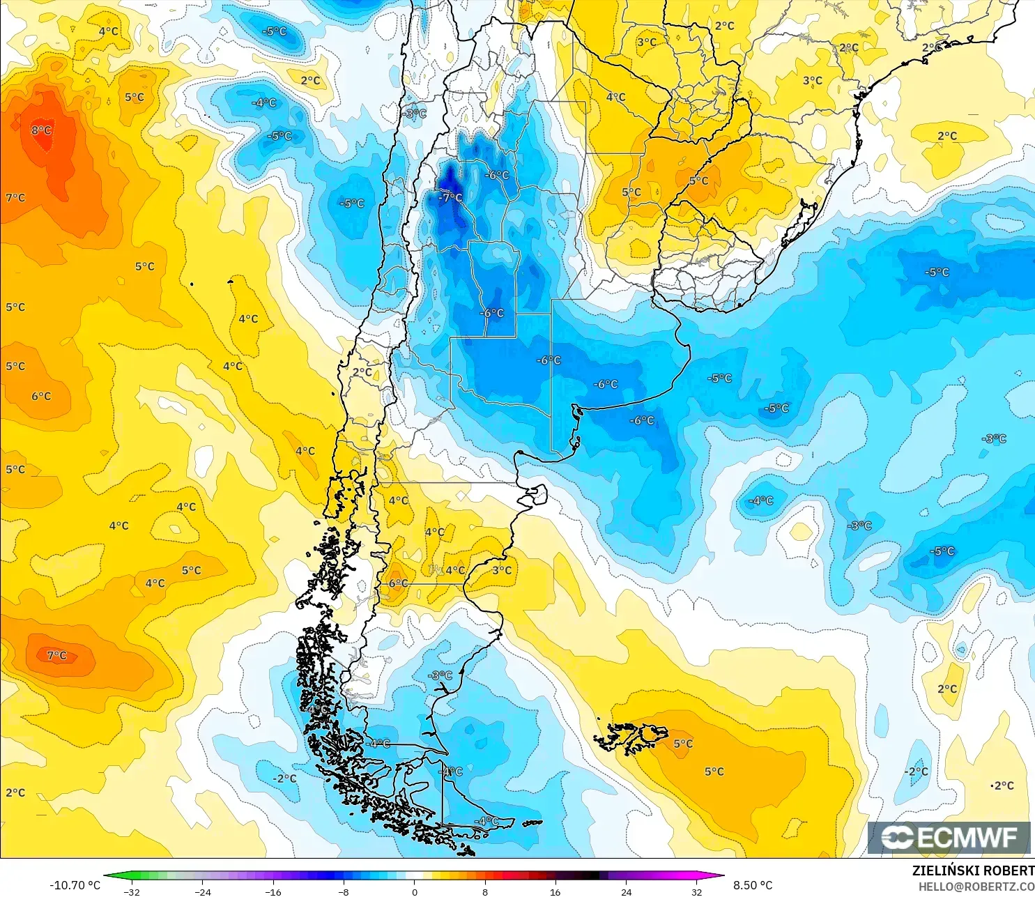 ECMWF IFS 0.25° modelo - Argentina, Anomalía de temperatura a 850 hPa