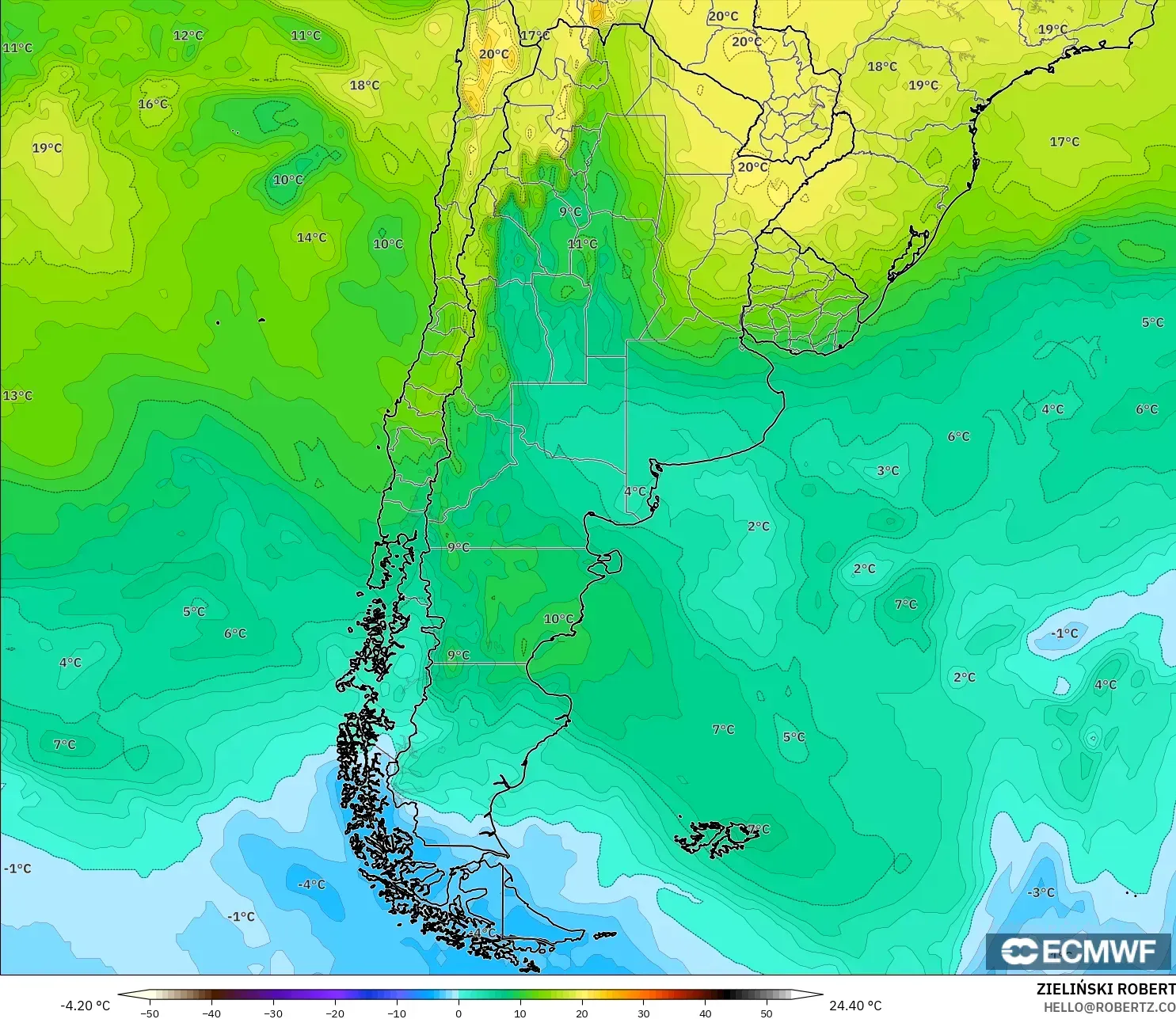 ECMWF IFS 0.25° modelo - Argentina, Temperatura a 850 hPa