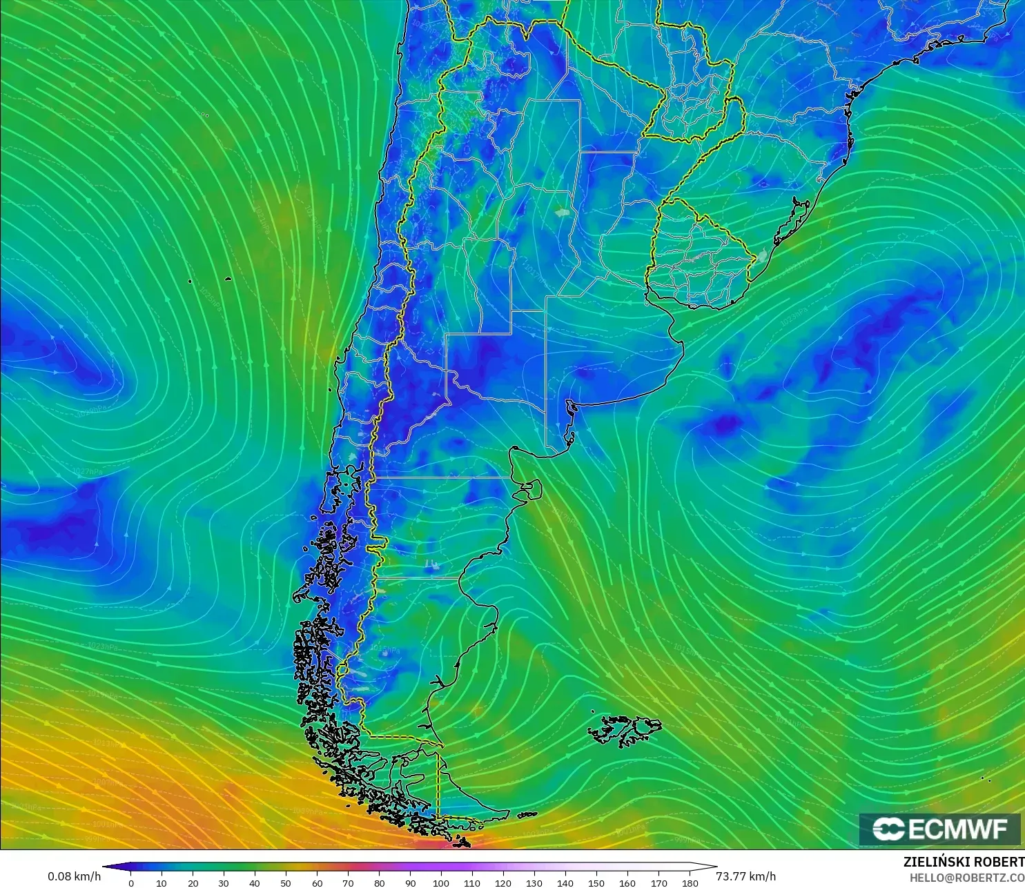 ECMWF IFS 0.25° modelo - Argentina, Viento a 10 m