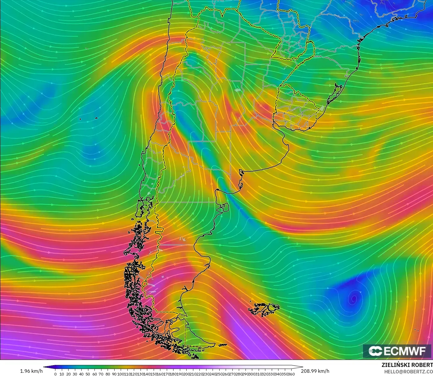 ECMWF IFS 0.25° modelo - Argentina, Viento a 300 hPa (corriente en chorro)