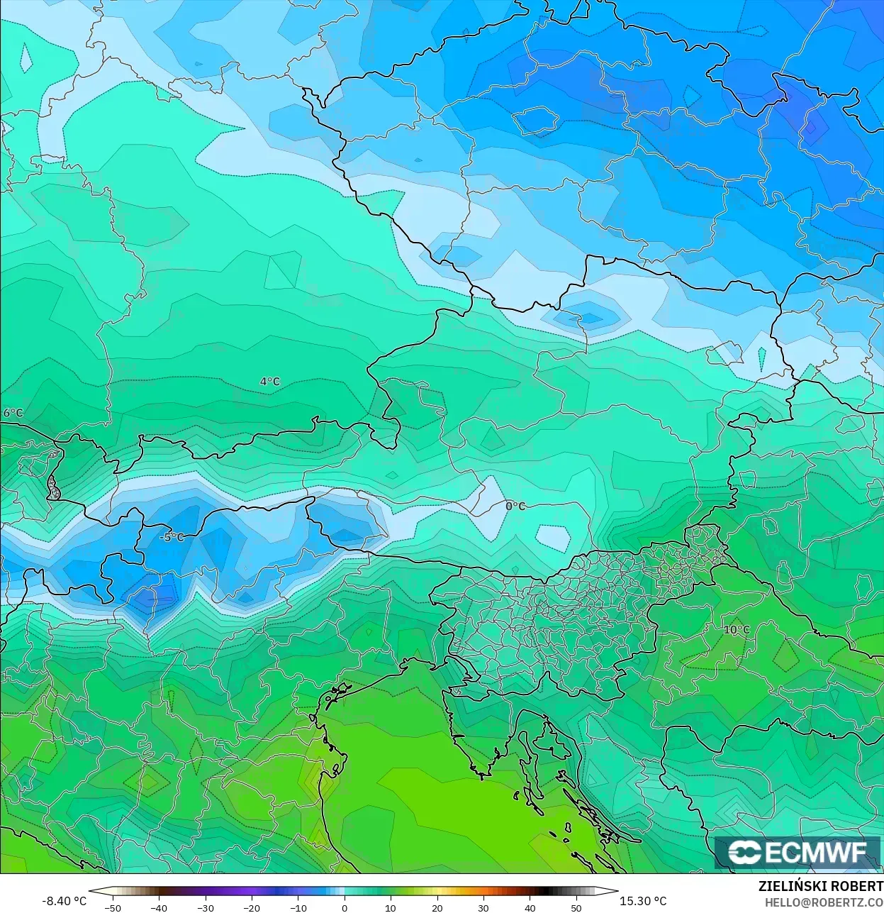 ECMWF IFS 0.25° modelo - Austria, Punto de rocío a 2 m