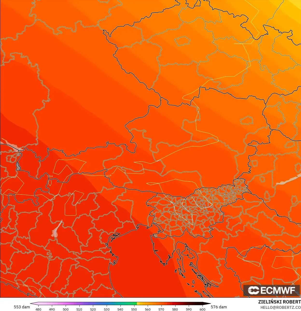 ECMWF IFS 0.25° modelo - Austria, Altura geopotencial a 500 hPa