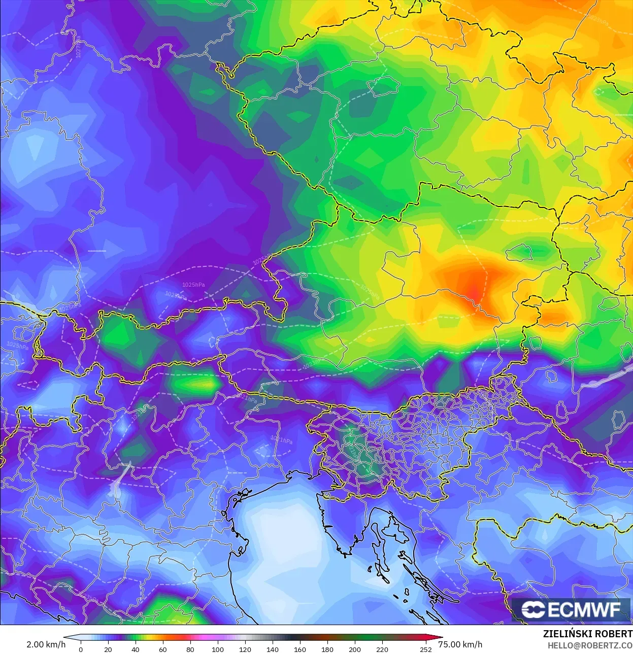 ECMWF IFS 0.25° modelo - Austria, Ráfagas de Viento Máximas