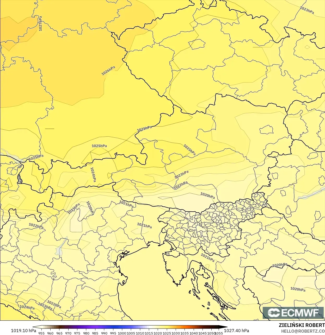 ECMWF IFS 0.25° modelo - Austria, Presión