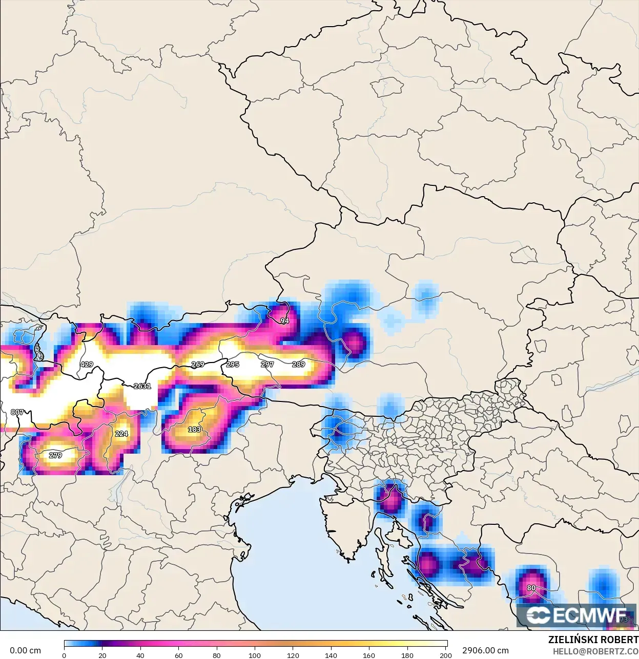 ECMWF IFS 0.25° modelo - Austria, Profundidad de nieve