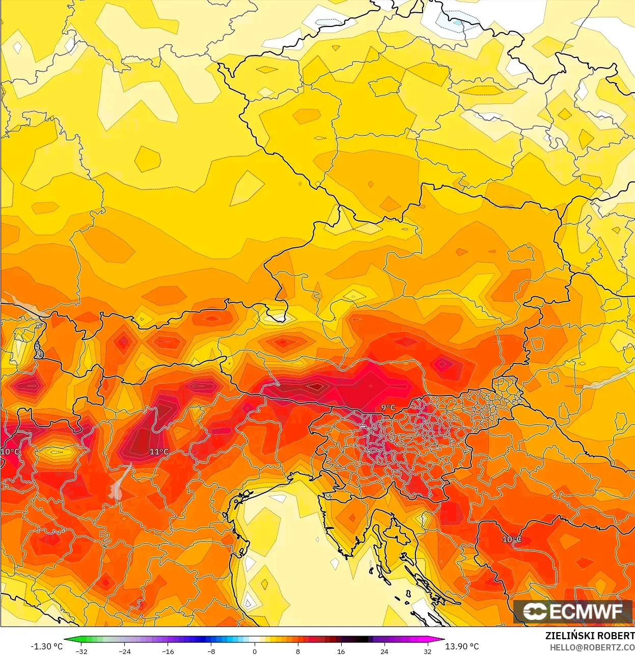ECMWF IFS 0.25° modelo - Austria, Anomalía de temperatura a 2 m