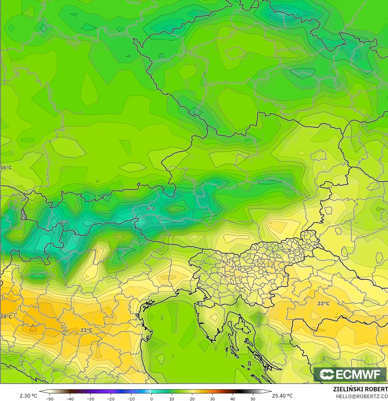 ECMWF IFS 0.25° modelo - Austria, Temperatura a 2 m
