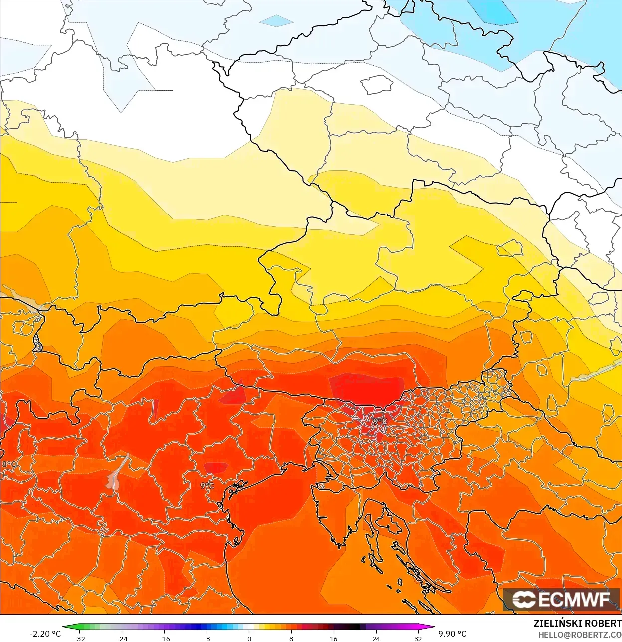 ECMWF IFS 0.25° modelo - Austria, Anomalía de temperatura a 850 hPa