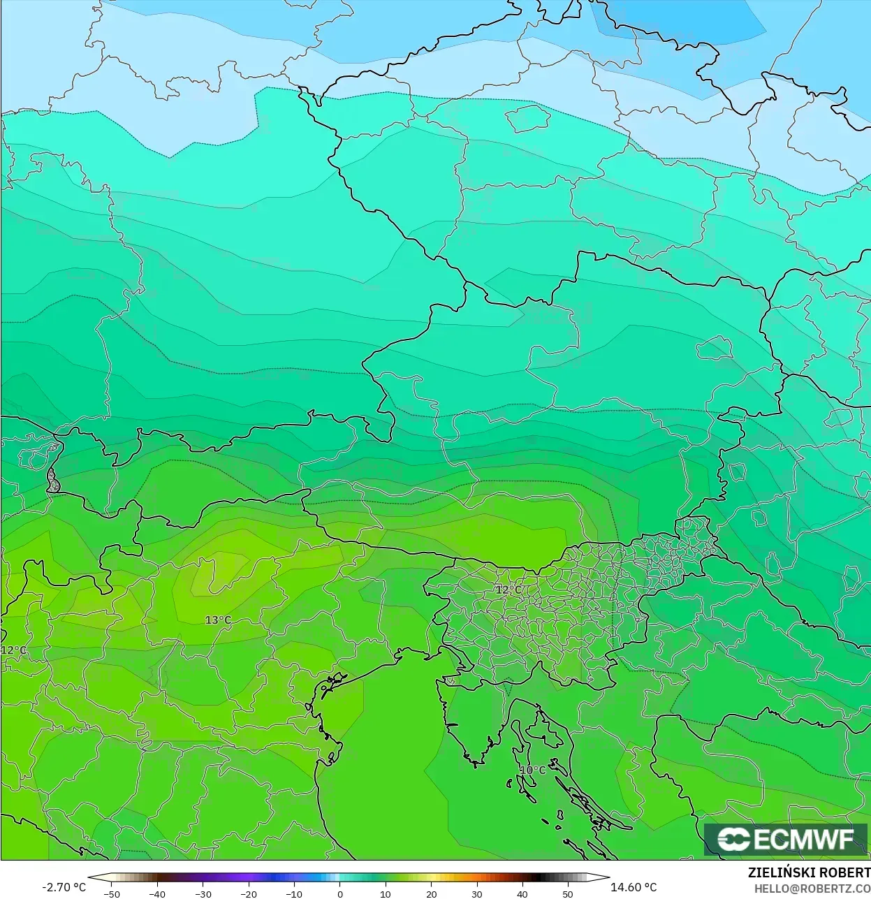 ECMWF IFS 0.25° modelo - Austria, Temperatura a 850 hPa