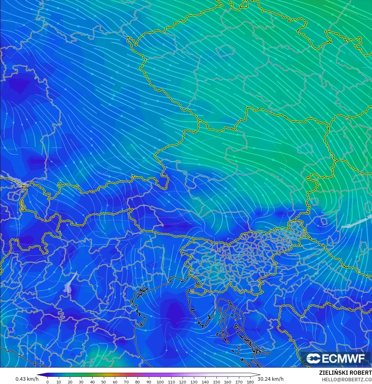 ECMWF IFS 0.25° modelo - Austria, Viento a 10 m