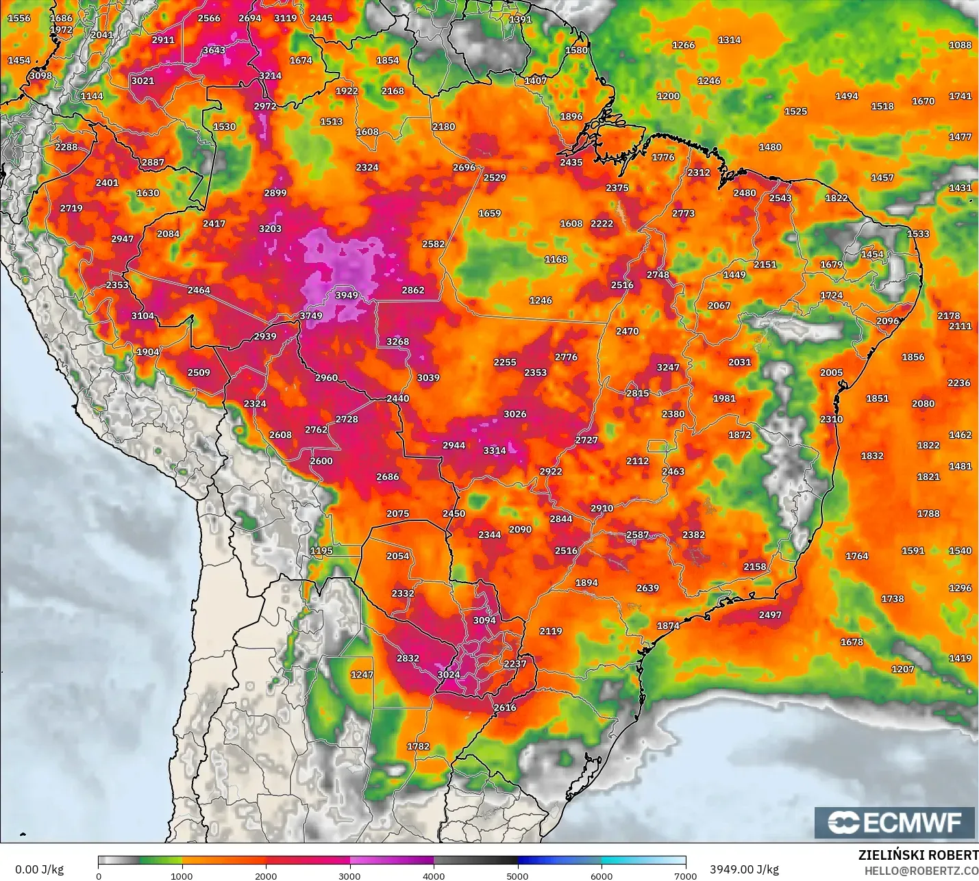 ECMWF IFS 0.25° modelo - Brasil, CAPE