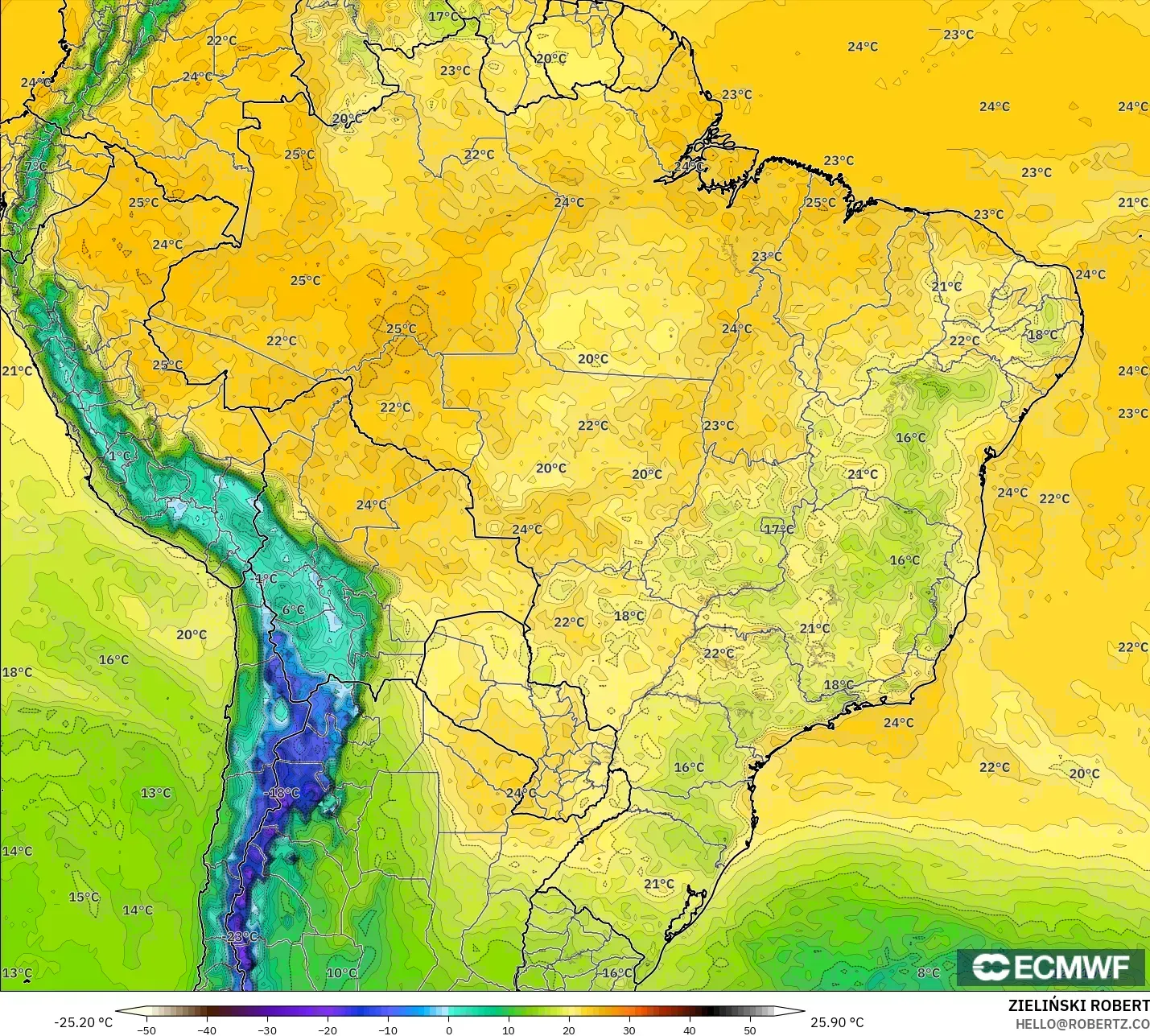 ECMWF IFS 0.25° modelo - Brasil, Punto de rocío a 2 m