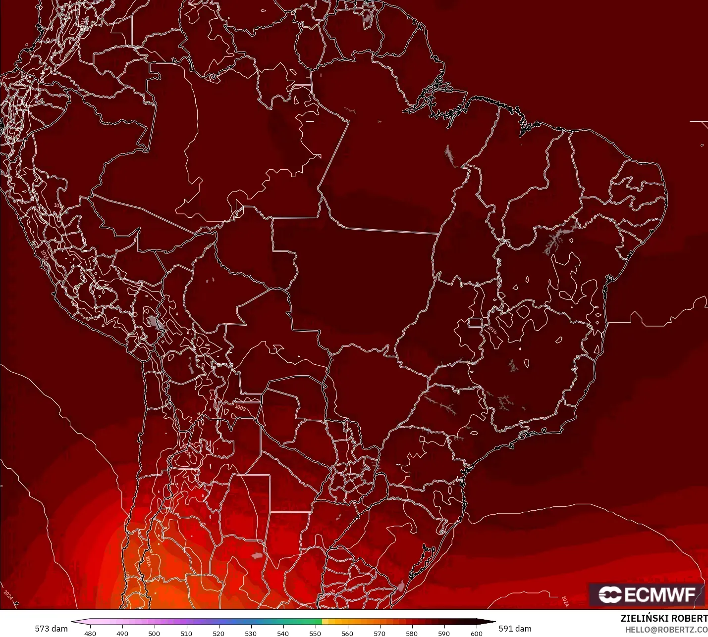 ECMWF IFS 0.25° modelo - Brasil, Altura geopotencial a 500 hPa