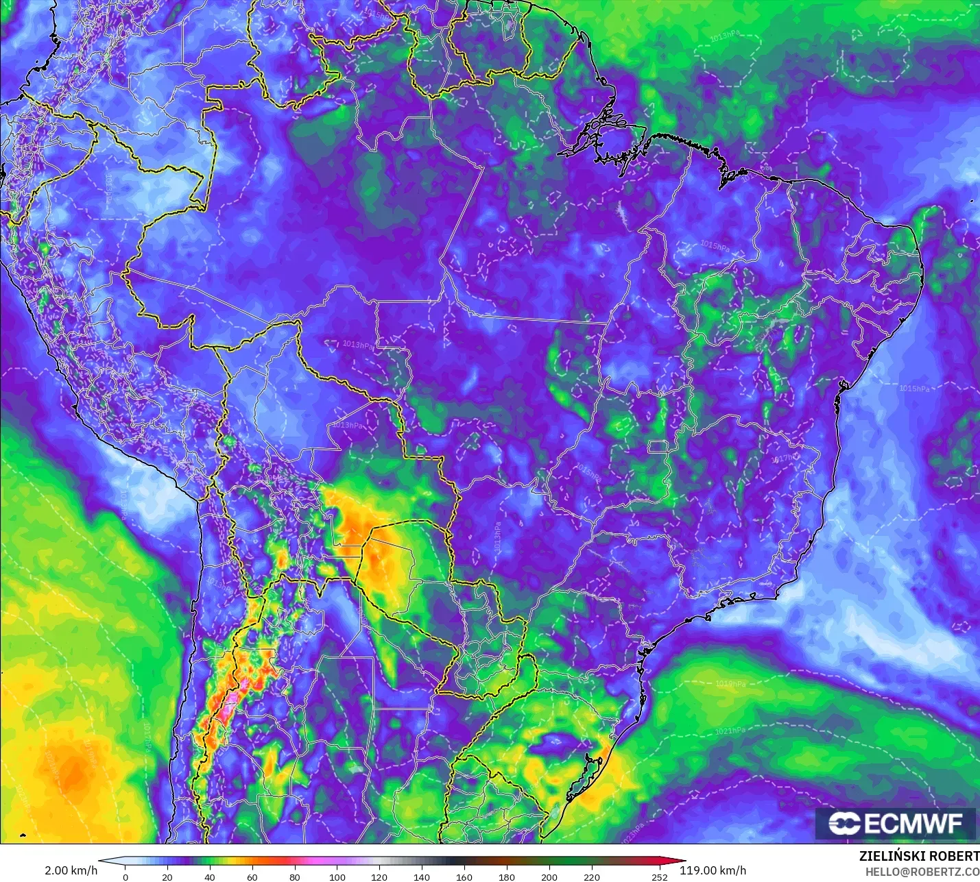 ECMWF IFS 0.25° modelo - Brasil, Ráfagas de viento