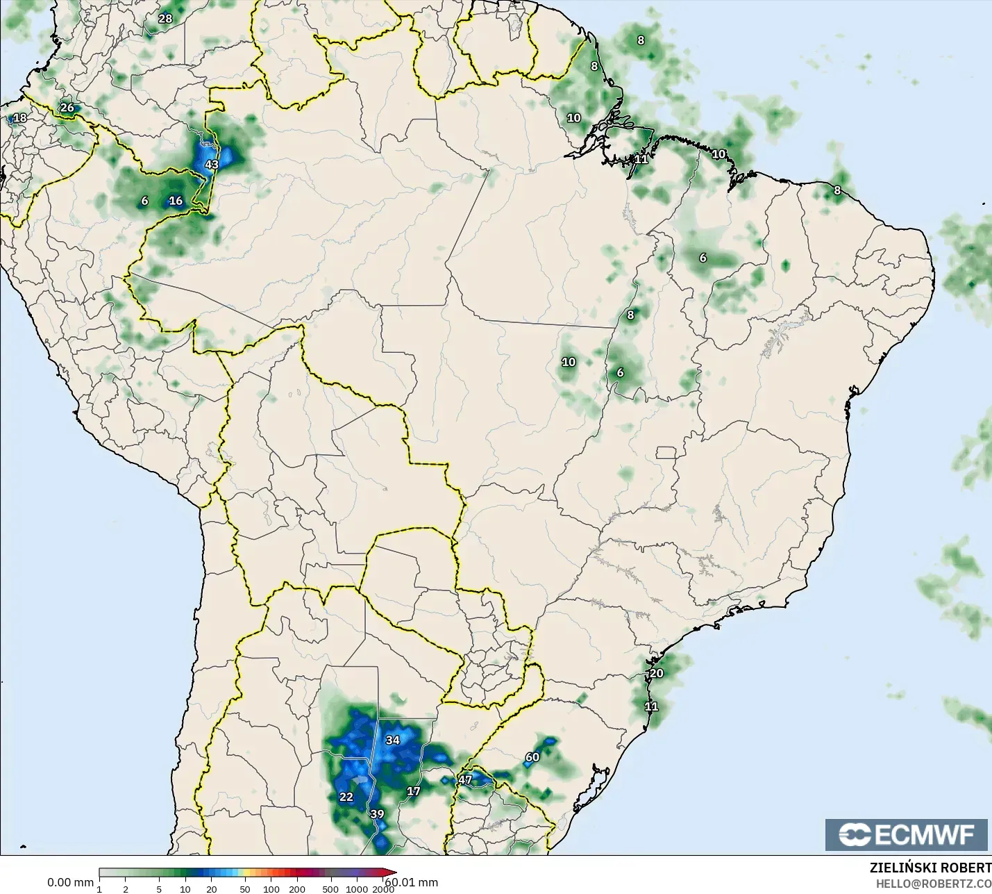 ECMWF IFS 0.25° modelo - Brasil, Acumulación de precipitación