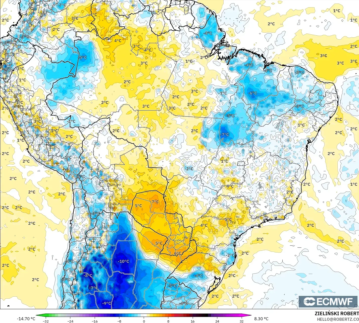 ECMWF IFS 0.25° modelo - Brasil, Anomalía de temperatura a 2 m