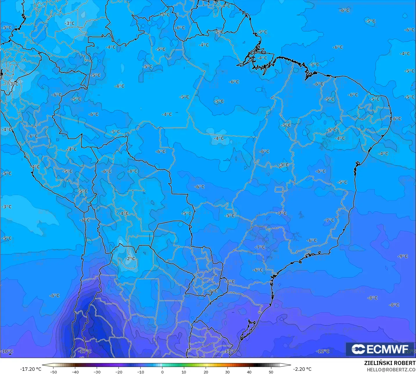ECMWF IFS 0.25° modelo - Brasil, Temperatura a 500 hPa