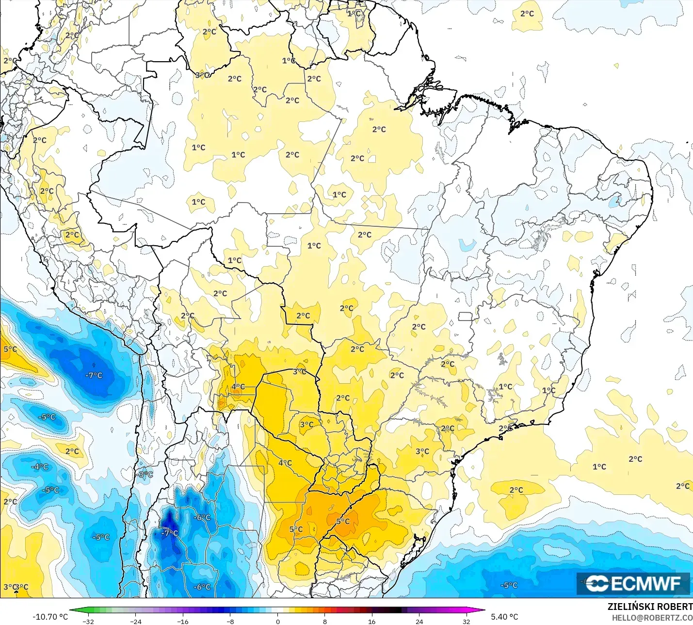 ECMWF IFS 0.25° modelo - Brasil, Anomalía de temperatura a 850 hPa