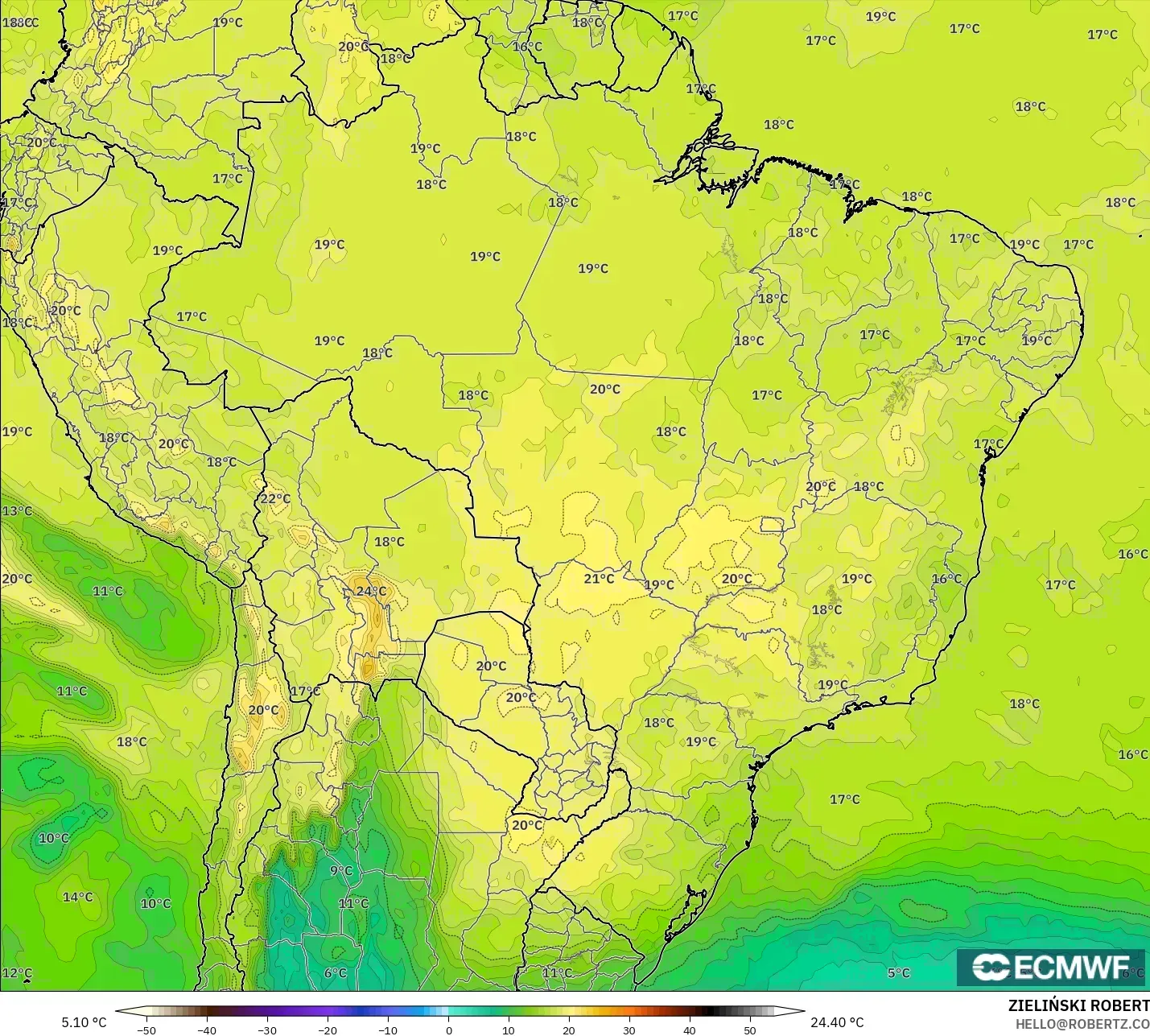 ECMWF IFS 0.25° modelo - Brasil, Temperatura a 850 hPa