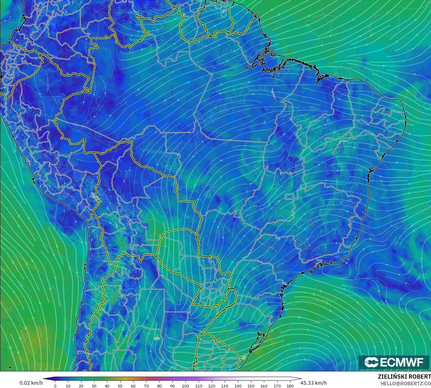 ECMWF IFS 0.25° modelo - Brasil, Viento a 10 m
