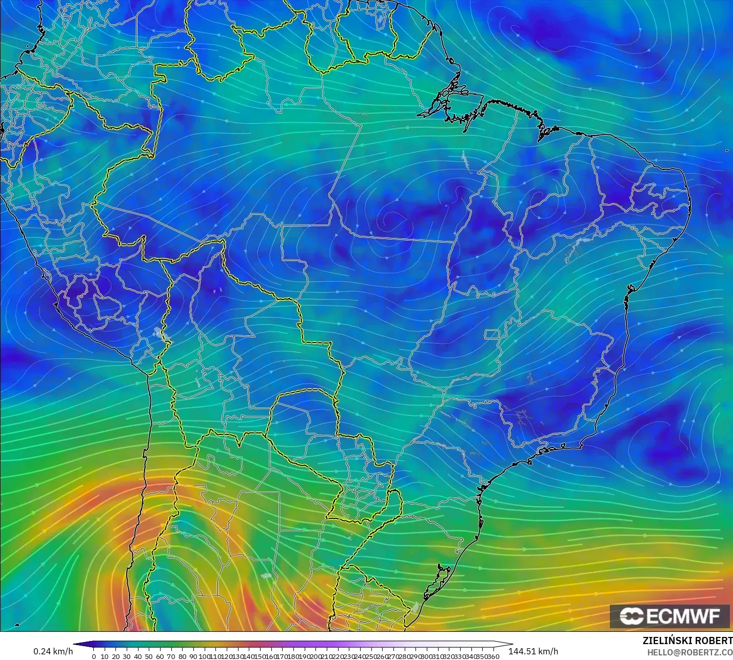 ECMWF IFS 0.25° modelo - Brasil, Viento a 300 hPa (corriente en chorro)
